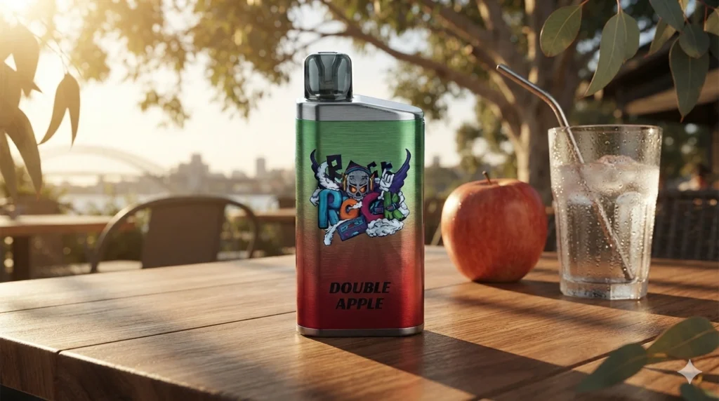 A lifestyle photograph of the IGET Bar Double Apple vape sitting on a clean wooden table at an outdoor Sydney cafe. Warm golden afternoon sun filters through eucalyptus trees, casting soft shadows. In the background, a fresh red apple sits next to a glass of iced water. Photorealistic, shallow depth of field, natural lighting, cinematic
