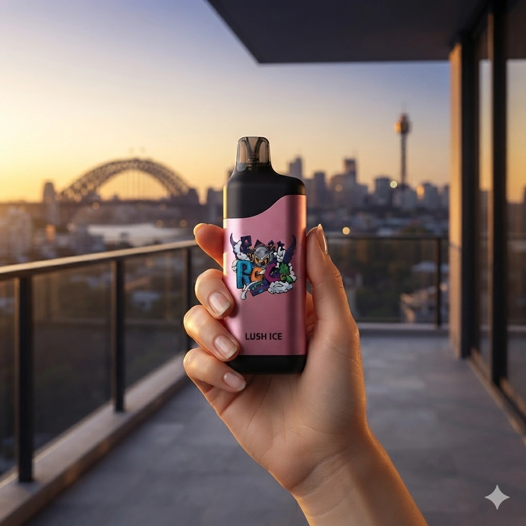 Minimalist product photography, a hand holding a sleek black-and-pink IGET BAR Lush Ice vape against a modern Sydney balcony at sunset, soft bokeh of the city skyline in the background, warm golden hour lighting, photorealistic, 8k resolution, shot on a 35mm lens.