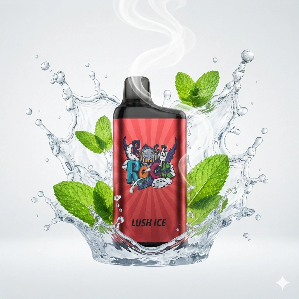 Commercial product photography, an IGET BAR Lush Ice vape positioned in the center, surrounded by explosive splashes of crystal-clear water, fresh green mint leaves, and a soft, elegant swirl of white vapour, clean studio background, high contrast, highly detailed, photorealistic,
