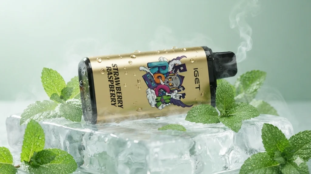 A refreshing macro photograph of a gold and black IGET Bar Pro 10000 vape. The device is resting on a slab of clean, glistening ice. Bright green, dew-covered mint leaves are artistically arranged around the vape, with soft frost swirling in the air. Bright, clean studio lighting, minimalist light green background, sharp focus, ultra-realistic, cinematic.