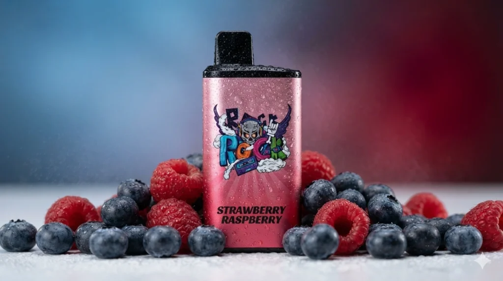 A crisp commercial product shot of a graffiti-art style IGET Bar Pro 10000 vape. The device is standing upright amidst a tumble of fresh, plump blueberries and ripe red raspberries. Fine water droplets cover the berries and the metallic surface of the vape. Studio lighting with a clean, soft-focus blue and crimson gradient background. High-end advertising look, photorealistic