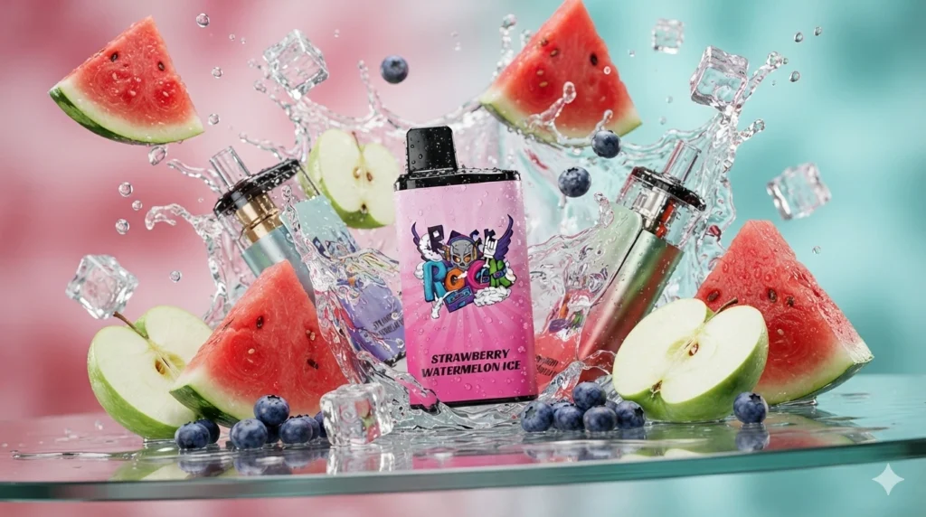 Commercial macro product photography of modern vape devices surrounded by fresh sliced watermelons, crisp green apples, blueberries, and crystal-clear splashing ice cubes
