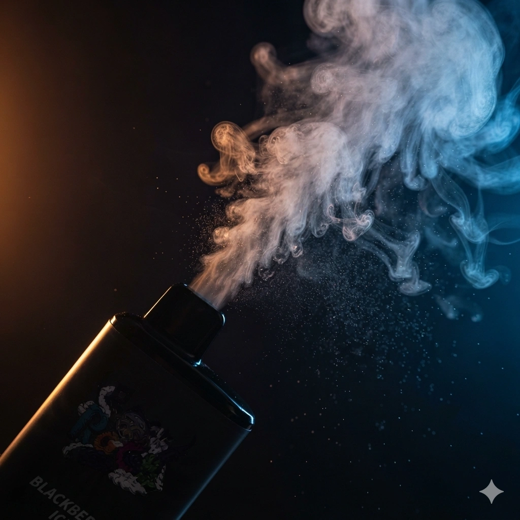 A high-speed macro photograph of dense, velvety vapour escaping from the mouthpiece of a vape device in a dark studio.
